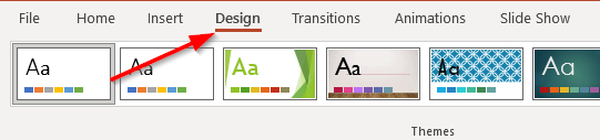 A screenshot of PowerPoint with an arrow pointing to Design on the top bar